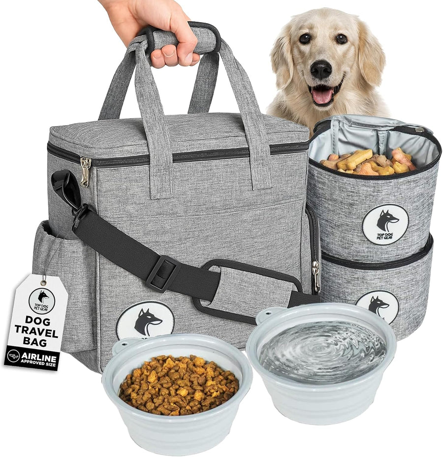 Dog travel bag for supplies - airline approved pet backpack organizer | pet supply organizer with collapsible bowls, food containers, luggage sleeve - camping gear, road trip essentials