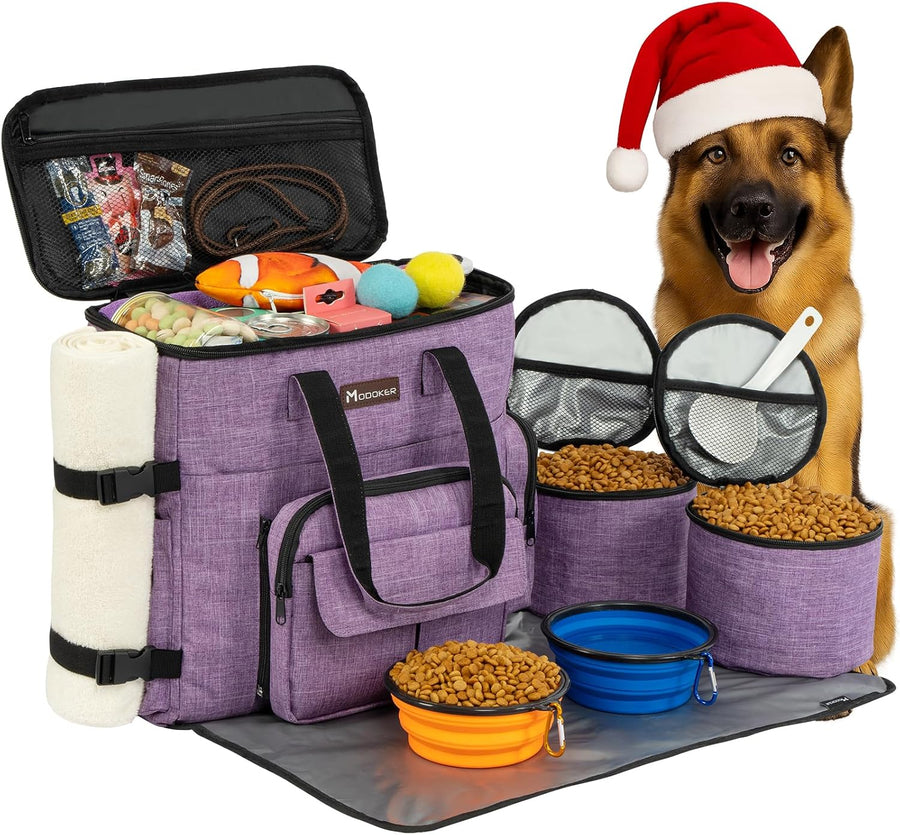 Dog Travel Organizer Carriers for Supplies & Accessories, Airline Approved Cat Pet Travel Bag, 2 Collapsible Bowls, 2 Travel Dog Food Container, Purple | Dog travel accessories set with feeding supplies, bowls, mat, and strap. Ideal for weekend trips.