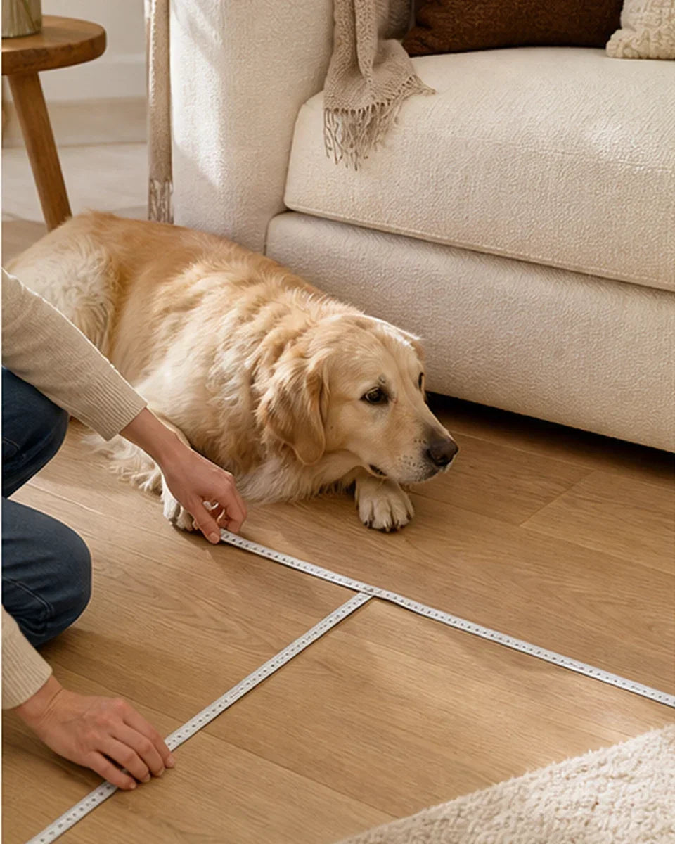 Hands measuring a pet's favorite floor spot beside a relaxed dog