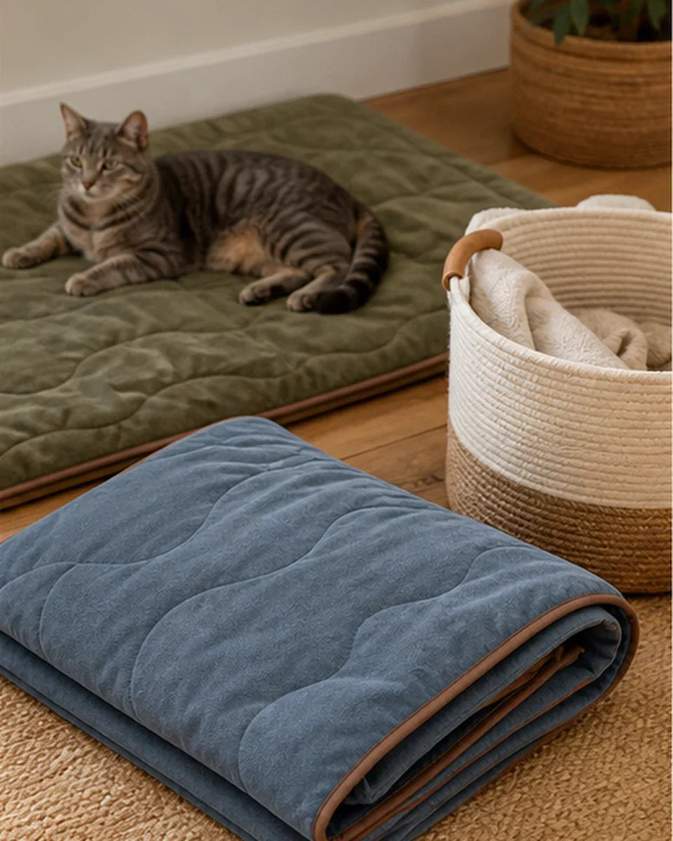 Two coordinated pet textiles, one in use and one folded beside a laundry basket