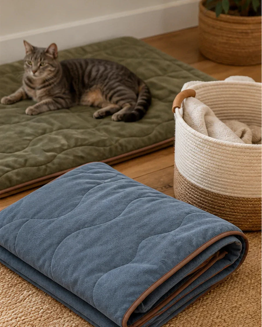 Two coordinated pet textiles, one in use and one folded beside a laundry basket