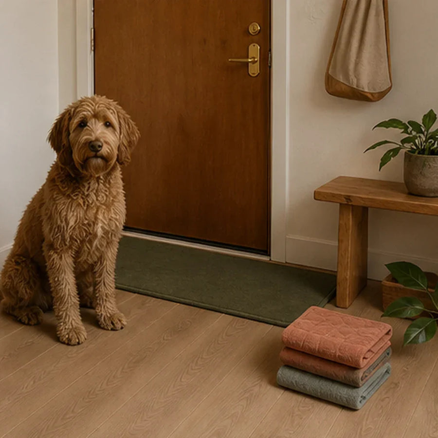 A dog standing beside a washable runner and folded paw towels near a home entry