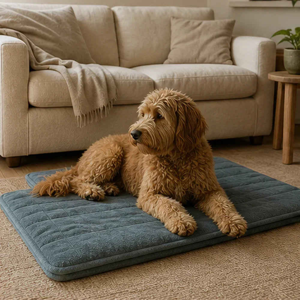 A medium dog relaxing on a washable mat in a lived-in apartment