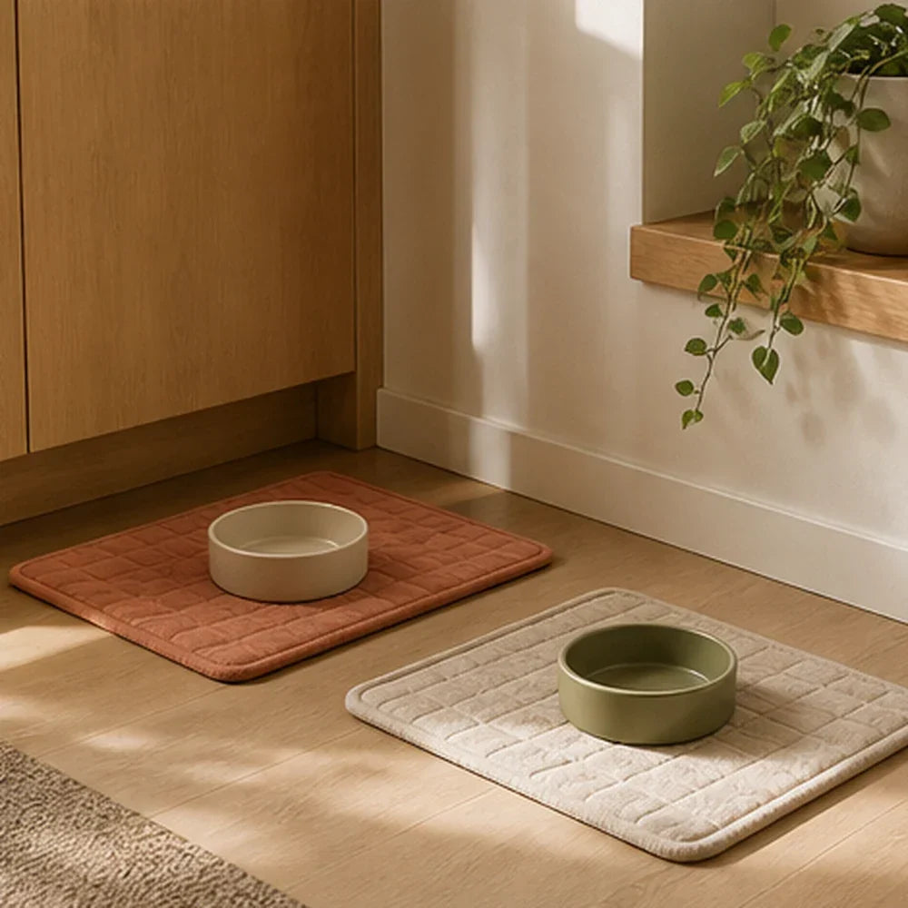 A dog bowl and cat bowl placed on two washable mats in a warm kitchen corner