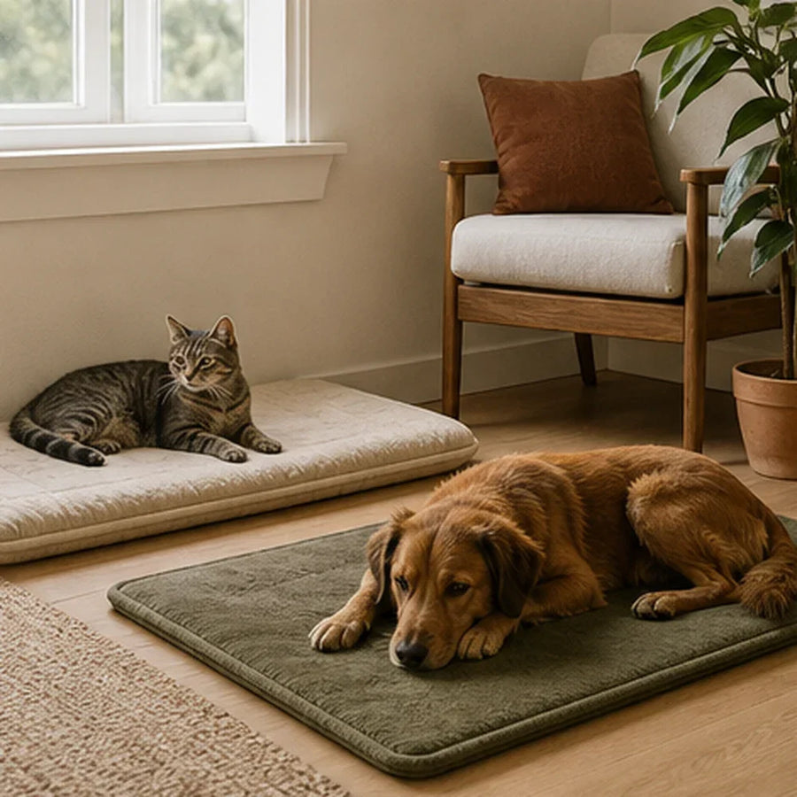 A cat on a window pad and a dog on a floor mat in the same softly lit room