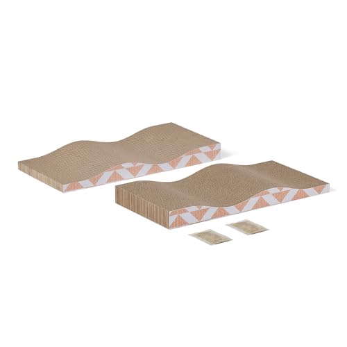 Cat Scratching Post, Reversible Double-Sided Corrugated Cardboard with Catnip, Curved Wave Design, 16.5 x 8.1 x 1.6 in, 2-Pack