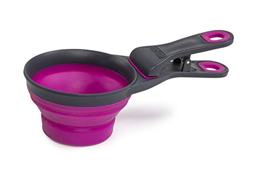 Popware for Pets Collapsible Klip Scoop, 3-in-1 Pet Food Scoop, Measuring Cup and Bag Clip, 1 Cup Capacity, Fuchsia