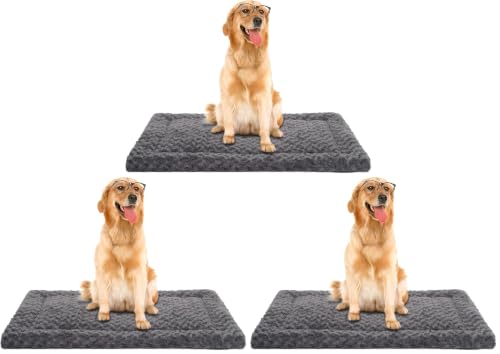 Washable Dog Bed Mat Ultra Soft Dog Crate Pad Comfy Fluffy Pet Kennel Beds Sleeping Mattress for Large Jumbo Medium Small Dogs Grey (Pack of 3)
