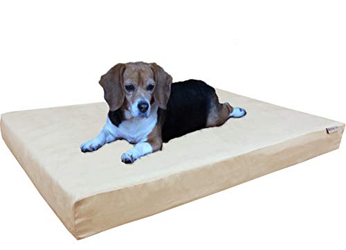 Orthopedic Memory Foam Dog Bed with Suede Khaki Cover, Waterproof Liner and Extra Pet Bed Case, Fit Large 42"X28" Crate