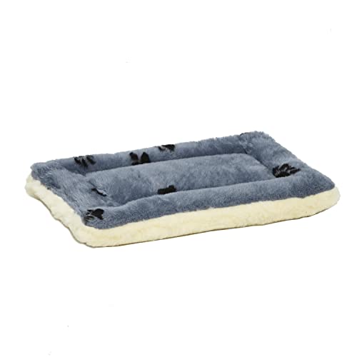 XXS QuietTime Reversible Paw Print Pet Bed, Soft Faux Fur & Fleece 18-Inch Crate Mat for Small Dogs & Cats, Machine Washable, Blue and Cream