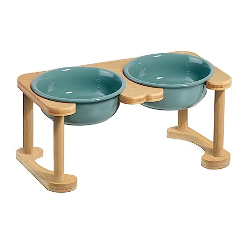 Ceramic Elevated Dog Bowls, Raised Pet Food and Water Bowl Set, Dark Green
