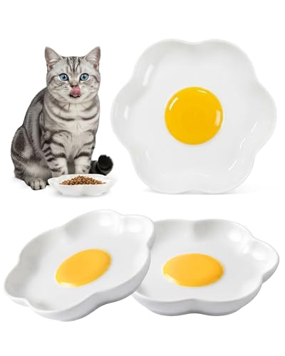 3 Pack Ceramic Cat Food Bowls, 5.9 Inch Ceramic Cat Dishes Set for Indoor Cats and Small Dogs, Anti Whisker Fatigue Kitten Bowls, Wide Shallow Kitten Plates for Food and Water (Fried Egg)