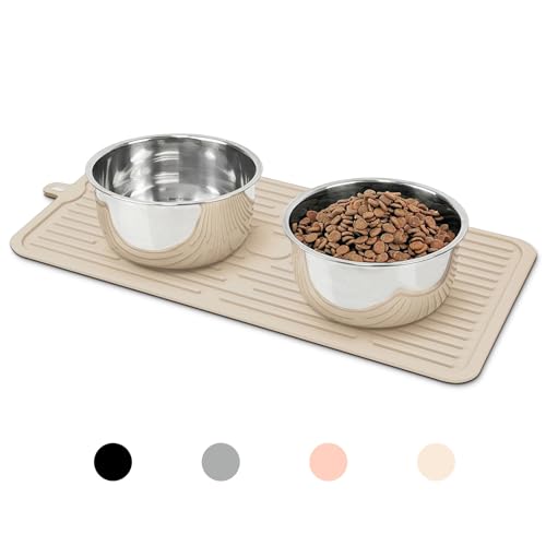 Pet Placemat for Dog and Cat, Anti-Slip Waterproof Dogs Feeding Mat Prevent Food and Water Overflow, Bowl Mats Suitable for Medium and Small Pets, Beige, Silicone