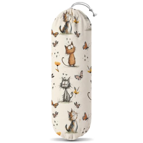 Adorable Cartoon Cat Washable Plastic Bag Holder, Reusable Wall Mount Grocery Bag Organizer for Home Kitchen Pantry Decor, Free Adjustment with Drawstring, Cat Lover Gifts for Women Mom Grandma