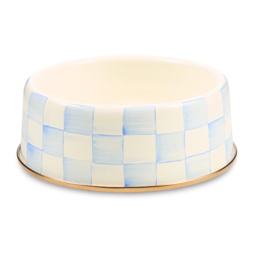 Enamel Pet Dish, Large, Light-Blue-and-White Sky Check
