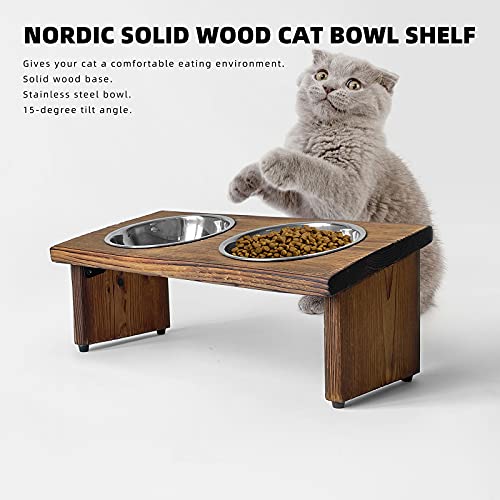 Elevated Cat Bowls, Wooden Raised Cat Bowl Stand with 2 Stainless Steel Bowls, 14.56 x 7 Inch Pet Feeding Station, Double Food and Water Bowls for Cats and Small Dogs - view 2