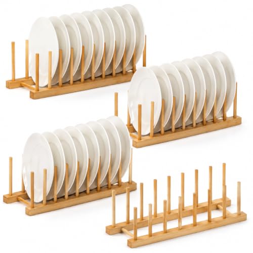 4 Pack Bamboo Dish Drying Rack, Plate Rack Stand Pot Lid Holder, Dish Organizer Racks for Plates, Cups, Bowls, Cutting Board, Drying Rack Stand Drainer, Kitchen Cabinet Organizer