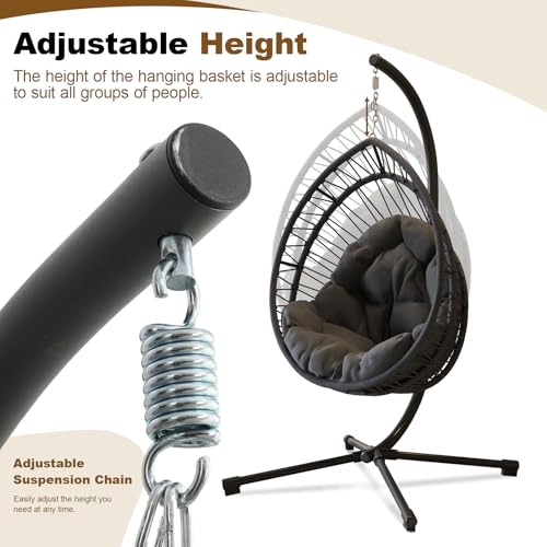 Hanging Egg Chair with Stand, Foldable Swing Hammock Chair, All-Weather Core-Spun Polyester Rope, Yarn-Dyed Cushion, 350LBS, Indoor Outdoor Patio Balcony (Dark Grey) - view 6