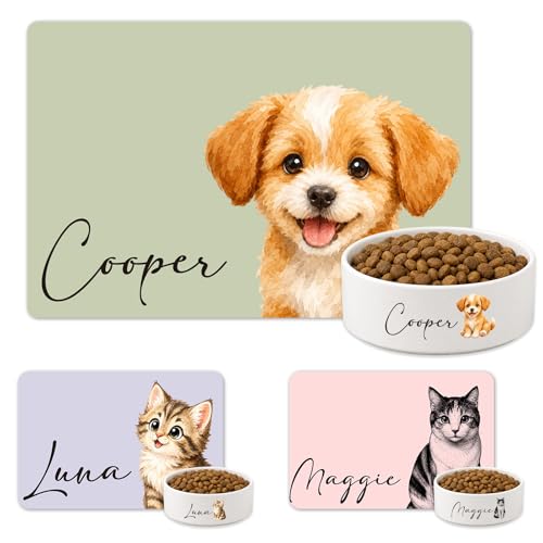 Personalized Pet Food Mat & Dog Bowl, Custom Name Dog Mat for Food & Water