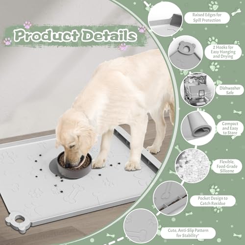 Silicone Dog Food Mat With Residue Collection Pocket - Waterproof Pet Feeding Mat for Cats and Dogs, Raised Edges, Hooks, Placemats for Water Bowl - view 3
