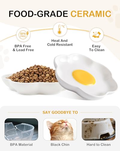 3 Pack Ceramic Cat Food Bowls, 5.9 Inch Ceramic Cat Dishes Set for Indoor Cats and Small Dogs, Anti Whisker Fatigue Kitten Bowls, Wide Shallow Kitten Plates for Food and Water (Fried Egg) - view 5
