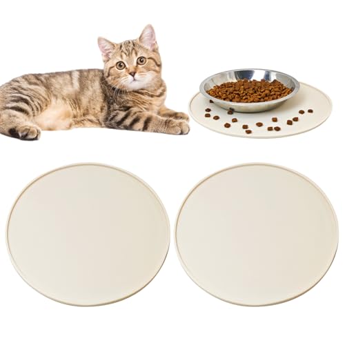 Silicone Cat Feeding Mat 2 Pack Dog Bowl Mats Pet Silicone Food Mat for Food and Water Nonslip Waterproof Feed Mats Round Eating Plate for Small and Medium Cats and Dogs (Beige)