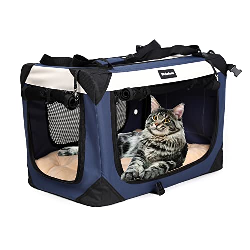 Large Cat Carrier, Collapsible Dog Travel Crate Portable Soft-Sided Pet Carrier with Super Soft Warm Plush Mat for Indoor and Outdoor 24x16x16in,Navy Blue
