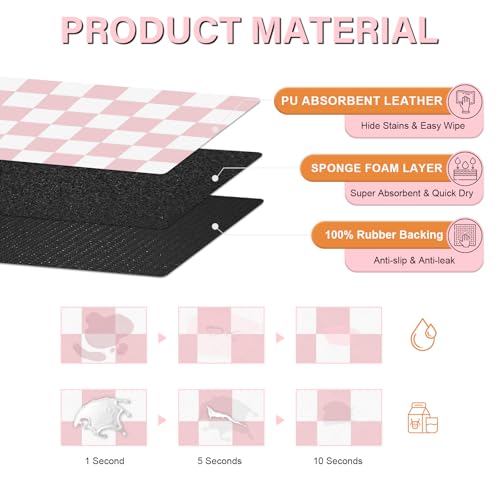 Cat Food Mat - 12"x 20" Cat Dog Mats for Food and Water Bowl, Checkered Pet Placemat Feeding Mat, Non-Slip Under Pet Bowls Mats for Messy Drinkers, Pink & White - view 2