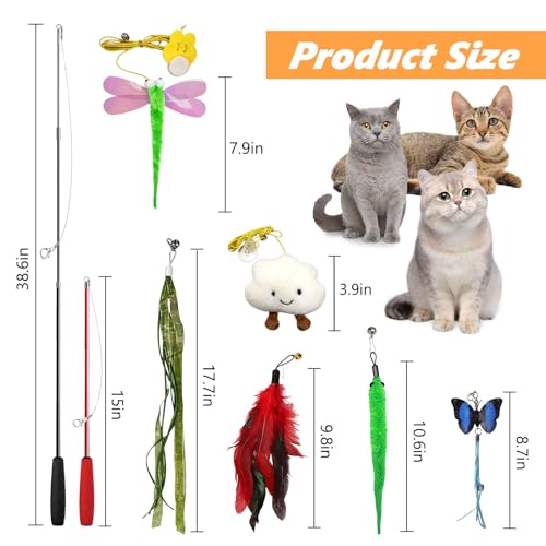 Cat Toys Interactive Feather Teaser Wand Set, 11 Pack Retractable Cat Fishing Pole Toy with Assorted Replaceable Attachments & Bells, Fun Hunting Exercise Toys - view 5