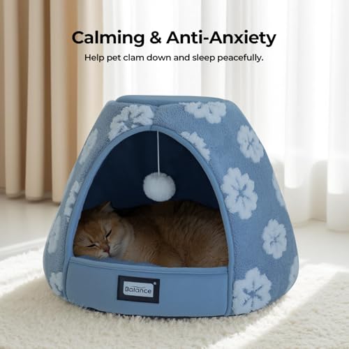 Cat Beds for Indoor Cats, 2-in-1 Cat Bed Cave with Anti-Slip Bottom and Ultra-Soft Plush, Cozy Cats House Tent for Kittens and Small Dogs, 21 Inches, Blue - view 3