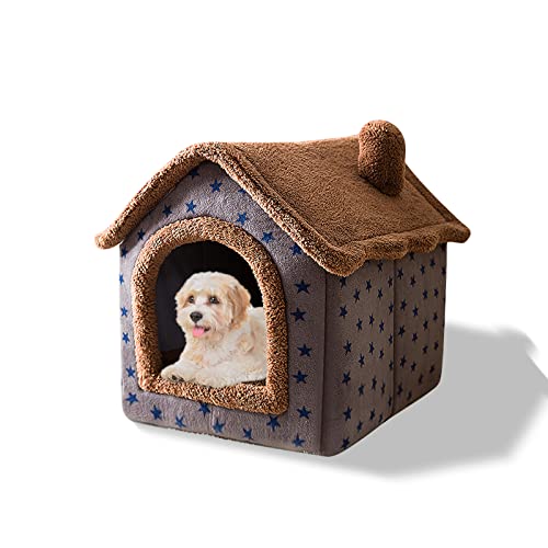 Cat Cave Bed, Washable Dog Bed, Warm and Cosy Plush Cat Igloo, Foldable Comfortable Pet Cat House, Pet Bed with Nonskid Bottom(M, Brown Stars)