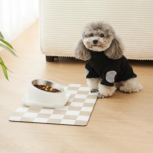 Checkered Dog Feeding Mat, Absorbent Mats for Dog Food and Water Bowl, Dispenser, Retro Aesthetic Khaki Beige Checkerboard Pet Placemat for Dogs, Cats, Puppy Accessories, 12" X 19” - view 2