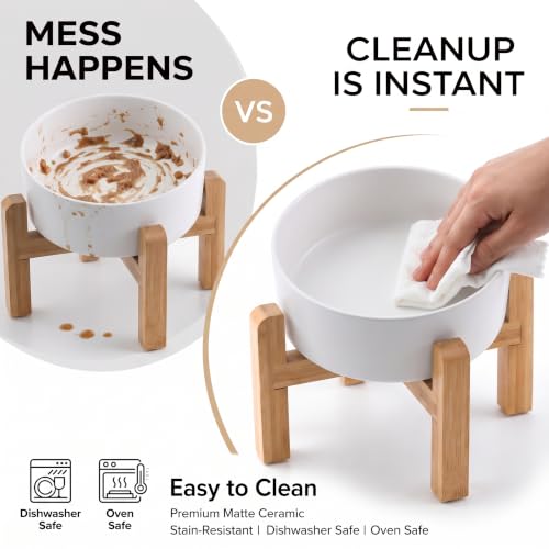 Elevated Ceramic Dog Bowl 15°Slanted Raised Dog Bowl with Bamboo Stand for Small Medium Dogs and Cats, Pet Feeder -3.6-Cup (850ml)-White - view 5