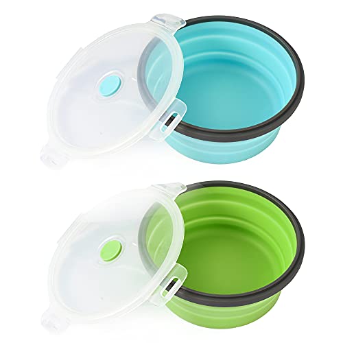 2 Pack Collapsible Silicone Travel Dog Bowls with Lids - Portable Pet Feeders, 17 oz 500ml
