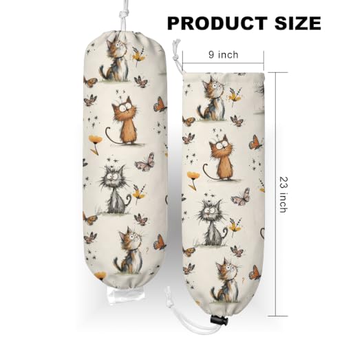 Adorable Cartoon Cat Washable Plastic Bag Holder, Reusable Wall Mount Grocery Bag Organizer for Home Kitchen Pantry Decor, Free Adjustment with Drawstring, Cat Lover Gifts for Women Mom Grandma - view 2