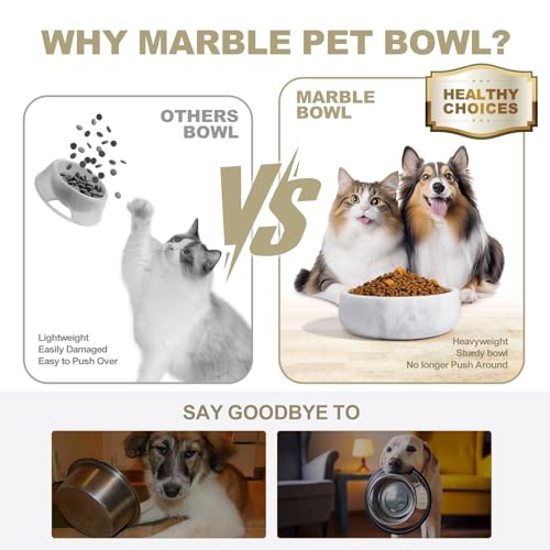 White Marble Dog Bowls, Non-Slip Dog Food Water Bowl Small, Heavy Duty Pet Bowl for Cats and Medium Dogs, Weighted African Natural Marble, Holds 4 Cups(5lbs) - view 4