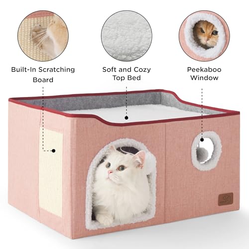 Extra Wide Cat House Bed with Fluffy Ball and Scratch Pad,Pink - view 5