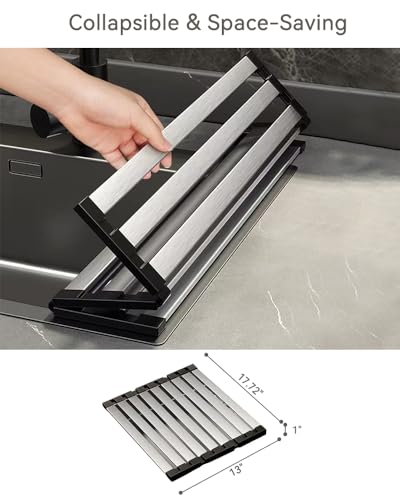 17.72" Dish Drying Rack Over the Sink, 1.28lb Heavy-Duty 304 Stainless Steel, Non-Slip Silicone Edges, Folding Space-Saving for Home & RV Kitchen, Dish Drainer, Cooling Rack & Sink Cover - view 4
