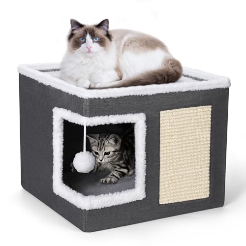 Cat Bed for Indoor Cats, Large Covered Cat House with Scratch Pad, Foldable Cat Cave Bed & Hideaway Cube with Reversible Cushions, Cute Cat Condo for Multi Small Pet Kitten (Dark Grey)