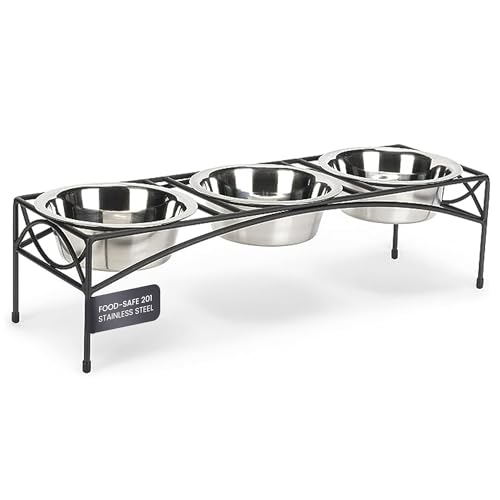 Regal Triple Diner - Triple Bowl Dog and Cat Feeder Stand - Ideal for Feeding Multiple Pets - Durable Wrought Iron Construction with 3-2 Qt Stainless Bowls - 26.5" L x 8" W x 7" H, Black