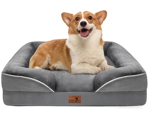 Orthopedic Dog Bed with Sides - Dog Sofa Beds for Medium Dogs, Supportive Foam Pet Couch Bed with Washable Removable Cover, Waterproof Lining and Non-Slip Bottom, Grey - M