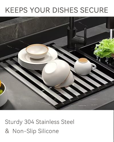 17.72" Dish Drying Rack Over the Sink, 1.28lb Heavy-Duty 304 Stainless Steel, Non-Slip Silicone Edges, Folding Space-Saving for Home & RV Kitchen, Dish Drainer, Cooling Rack & Sink Cover - view 3