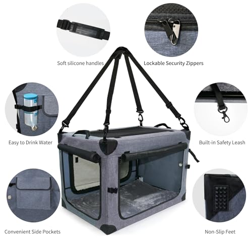 Collapsible Dog Crates for Large Dogs Portable Soft Sided Travel Dog Carrier for Indoor & Outdoor, 4-Door Foldable Pet Kennel with Durable Mesh Windows (Gray, 24.0" L x 17.0" W x 17.0") - view 2