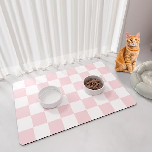 Cat Food Mat - 12"x 20" Cat Dog Mats for Food and Water Bowl, Checkered Pet Placemat Feeding Mat, Non-Slip Under Pet Bowls Mats for Messy Drinkers, Pink & White