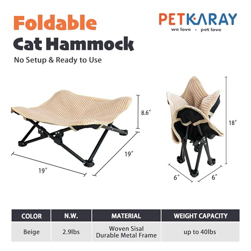 Foldable Cat Hammock Bed, Elevated Sisal Scratching Lounge with Metal Frame, Raised Cat Hammock Chair for Indoor Cats - view 2