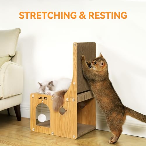 L-Shaped Double-Layer cat Scratching Board, Cardboard cat Scratching Post with Toys, Cat Scratcher & Hideaway for Indoor Cats to Scratch, Rest and Play - view 4