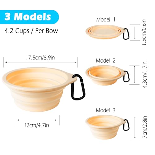 2-Pack Large Silicone Collapsible Dog Bowls, 34oz/1000ml BPA Free Portable Foldable Travel Bowl for Pet Cat, Food Water Feeding Dish for Camping with 2 Carabiners (Light Mint, Beige Cream) - view 3