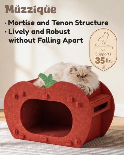 Cat Cave Bed for Indoor Cats, Red Apple Cat Hideaway House, with Perch&Toys - view 4