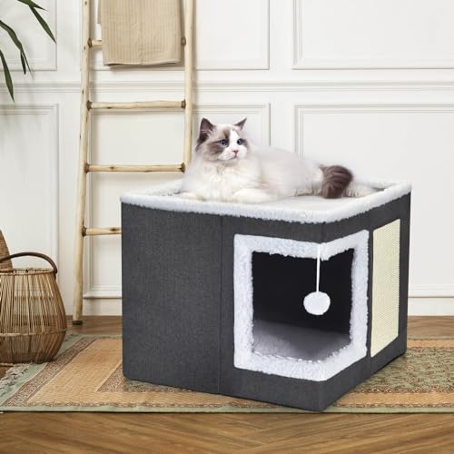 Cat Bed for Indoor Cats, Large Covered Cat House with Scratch Pad, Foldable Cat Cave Bed & Hideaway Cube with Reversible Cushions, Cute Cat Condo for Multi Small Pet Kitten (Dark Grey) - view 7