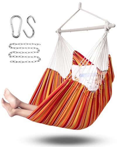 Hammock Chair Hanging Chair Rope Swing XXL - Max 500lbs, 70in Large Hammock Swing Chair -Portable Steel Spreader Bar with Anti-Slip Rings-Roomy & Strong